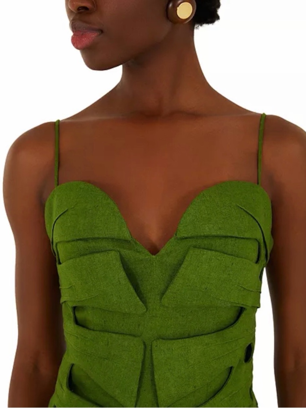 Farm Rio Monstera Leaf Linen Sleeveless Green Sculpted Bodice Midi Dress - Picture 5 of 7